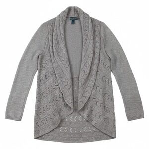 Karen Scott Open Front Cardigan Sweater Shawl Collar Knit Tunic Gray White Large